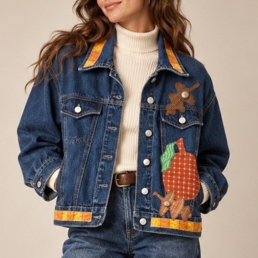 Beverlys Vintage 90s Denim Jacket Small Fall Pumpkin Applique Cropped Teacher